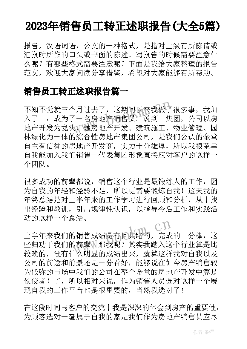 2023年销售员工转正述职报告(大全5篇)