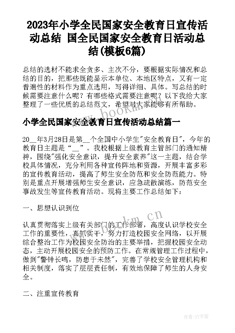 2023年小学全民国家安全教育日宣传活动总结 国全民国家安全教育日活动总结(模板6篇)