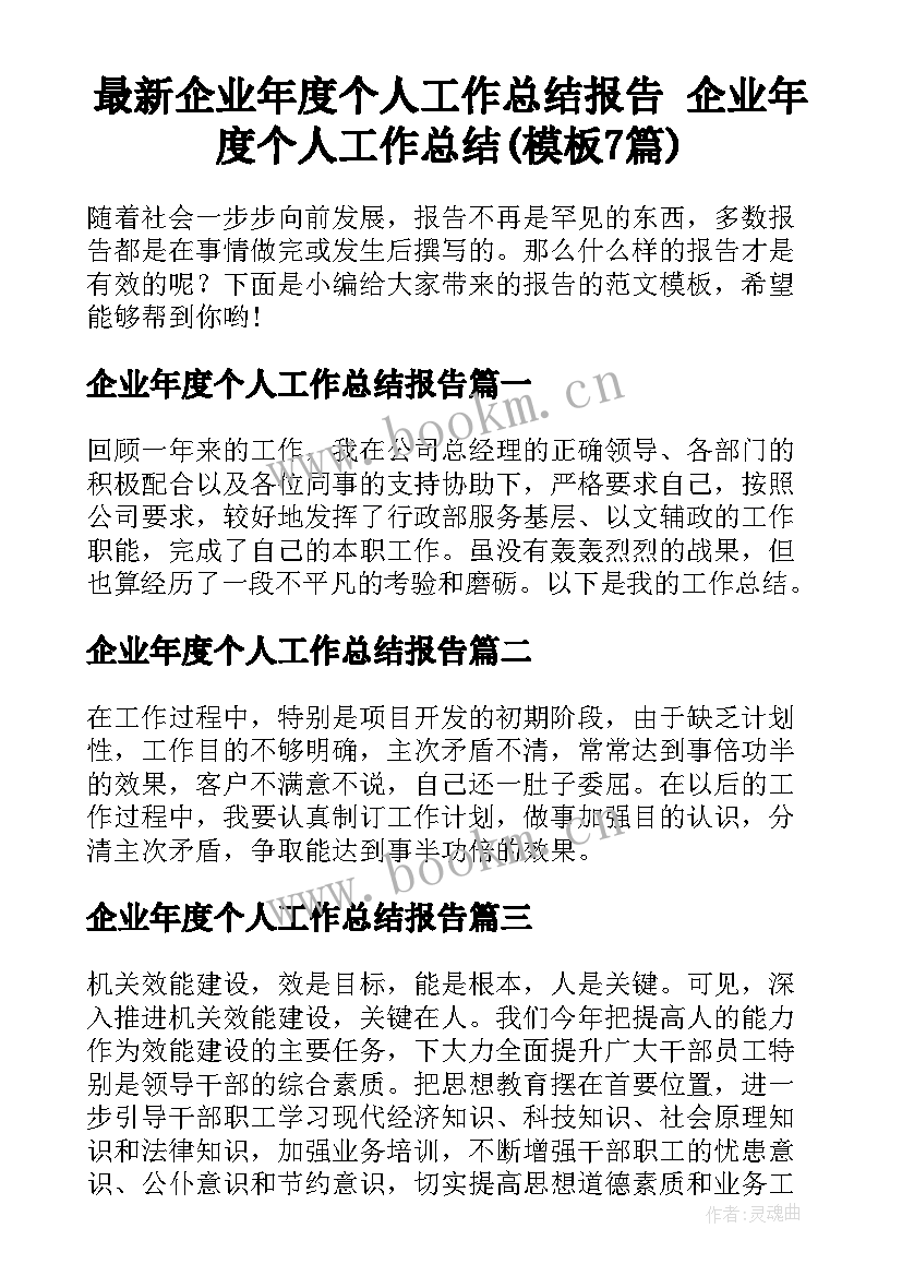 最新企业年度个人工作总结报告 企业年度个人工作总结(模板7篇)