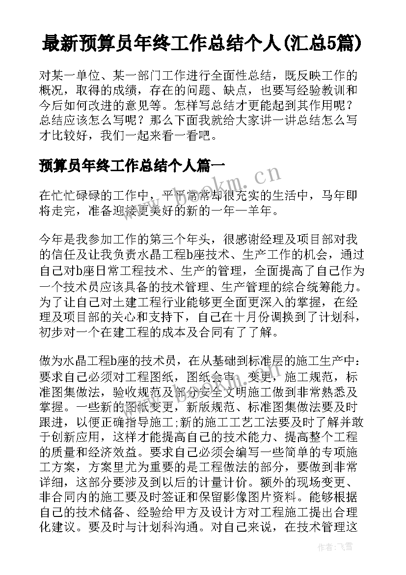 最新预算员年终工作总结个人(汇总5篇)