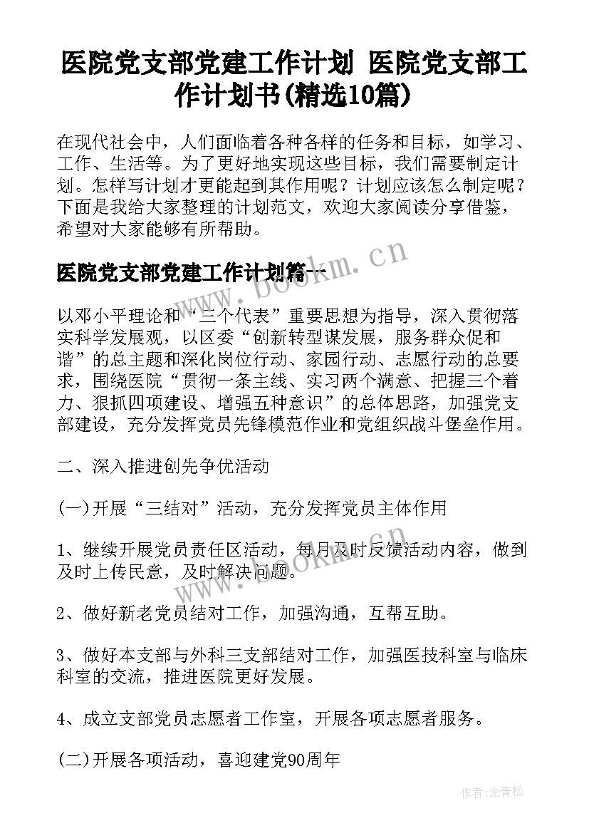 医院党支部党建工作计划 医院党支部工作计划书(精选10篇)