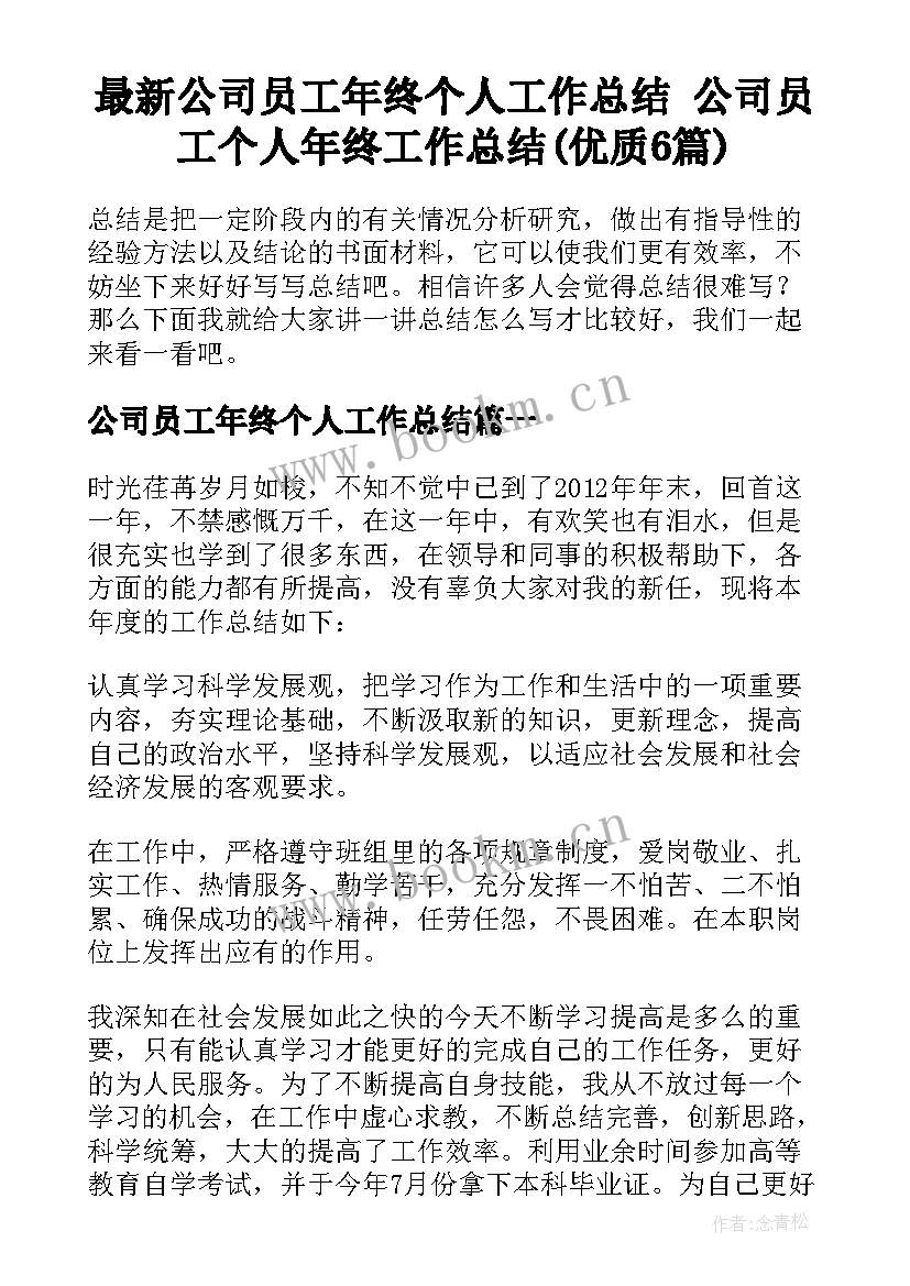 最新公司员工年终个人工作总结 公司员工个人年终工作总结(优质6篇)