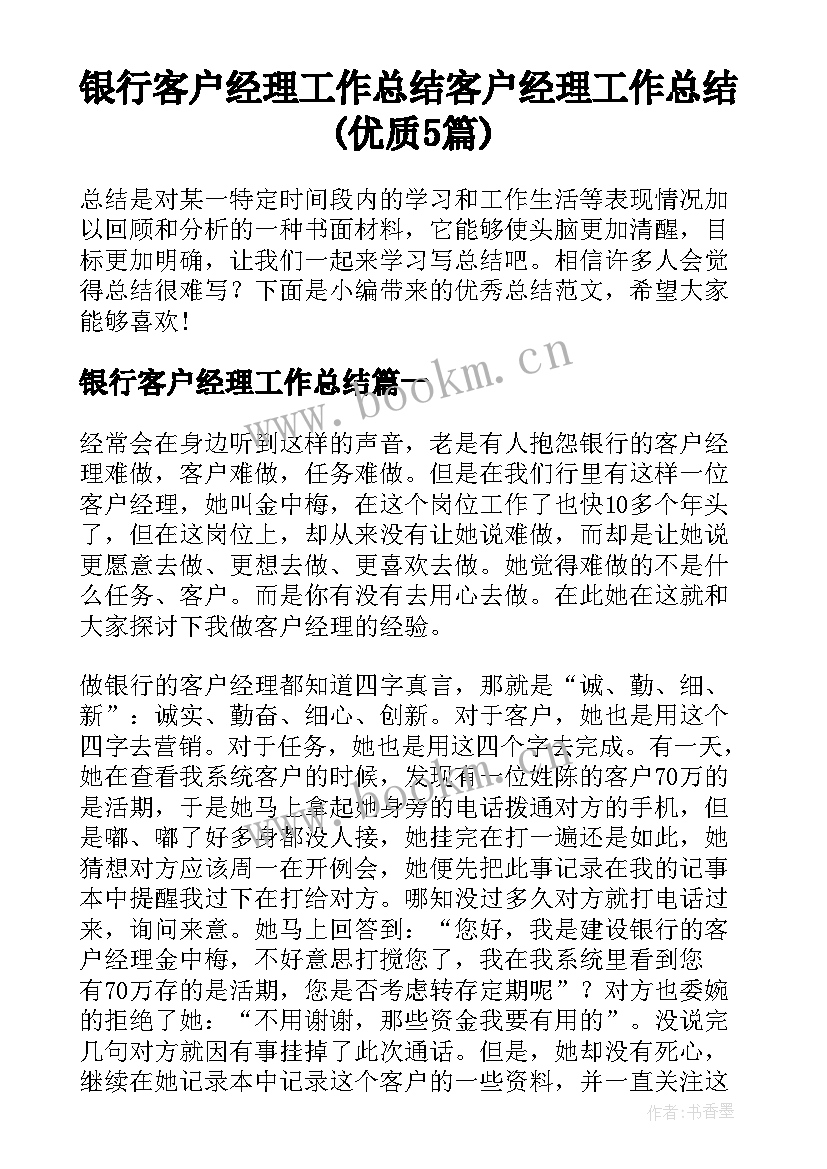 银行客户经理工作总结 客户经理工作总结(优质5篇)