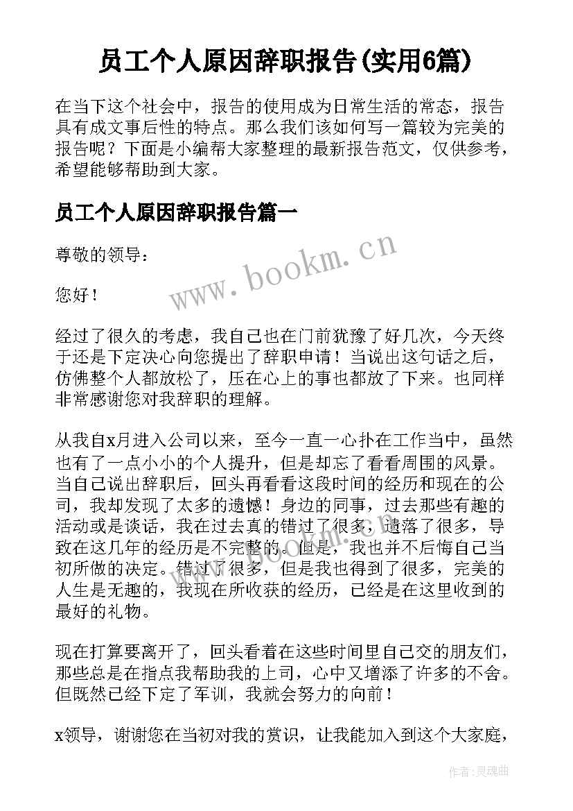 员工个人原因辞职报告(实用6篇)