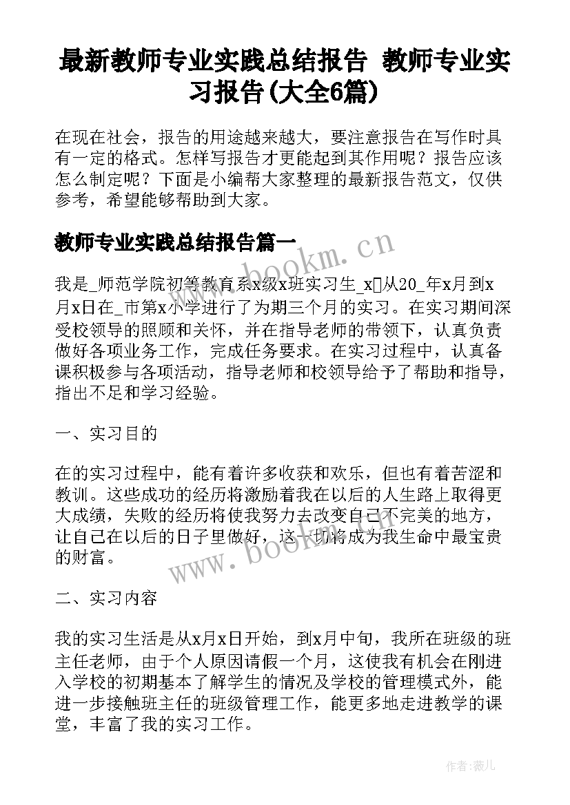 最新教师专业实践总结报告 教师专业实习报告(大全6篇)