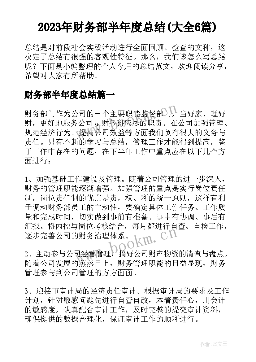 2023年财务部半年度总结(大全6篇)