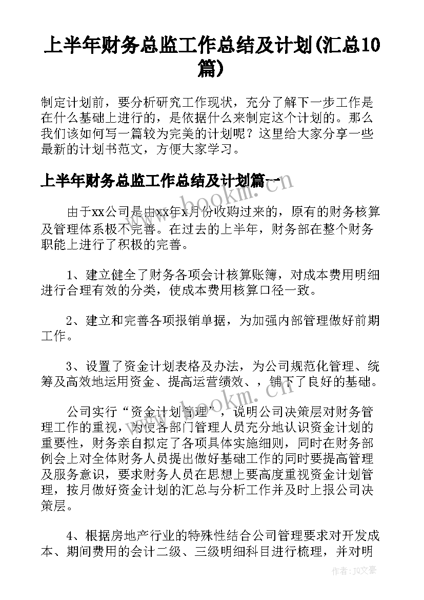 上半年财务总监工作总结及计划(汇总10篇)