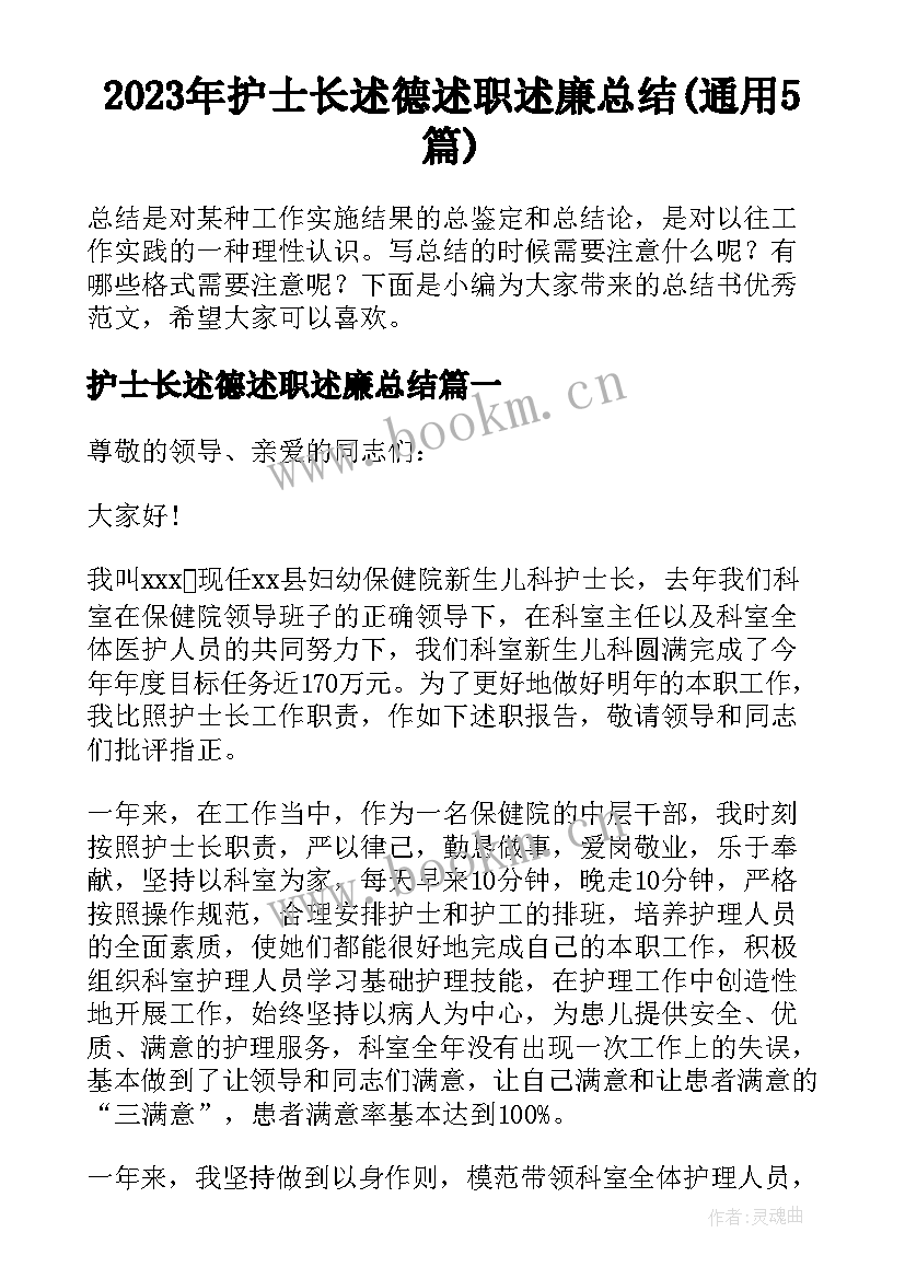 2023年护士长述德述职述廉总结(通用5篇)