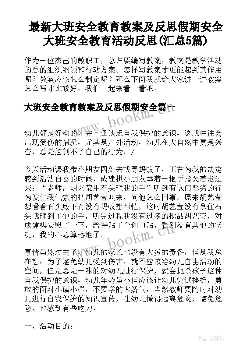 最新大班安全教育教案及反思假期安全 大班安全教育活动反思(汇总5篇)