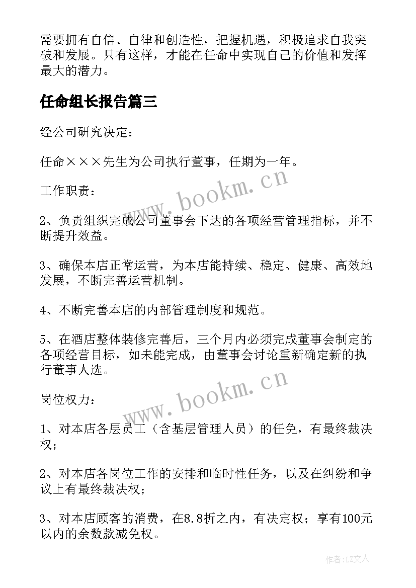 最新任命组长报告(模板6篇)