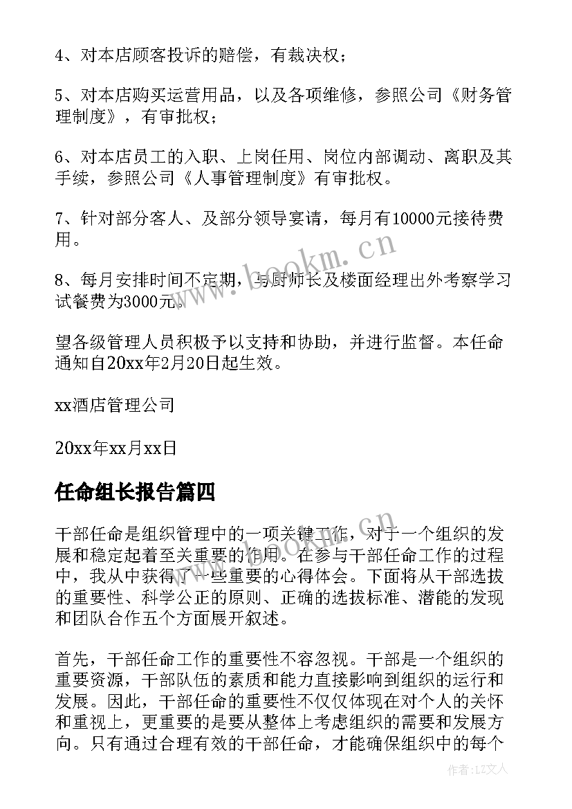 最新任命组长报告(模板6篇)