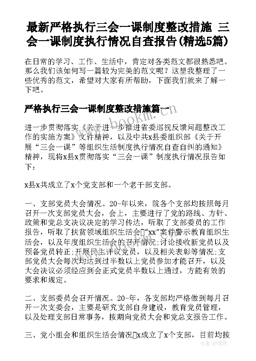 最新严格执行三会一课制度整改措施 三会一课制度执行情况自查报告(精选5篇)