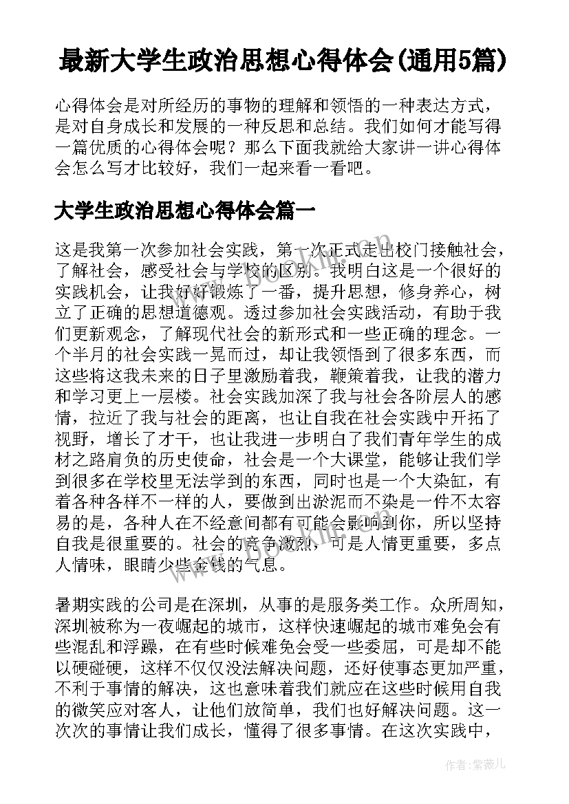 最新大学生政治思想心得体会(通用5篇)