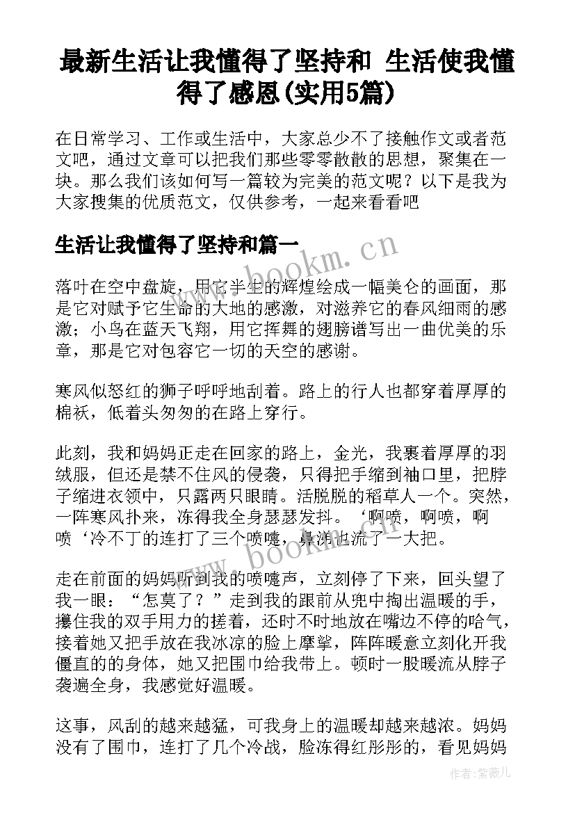 最新生活让我懂得了坚持和 生活使我懂得了感恩(实用5篇)