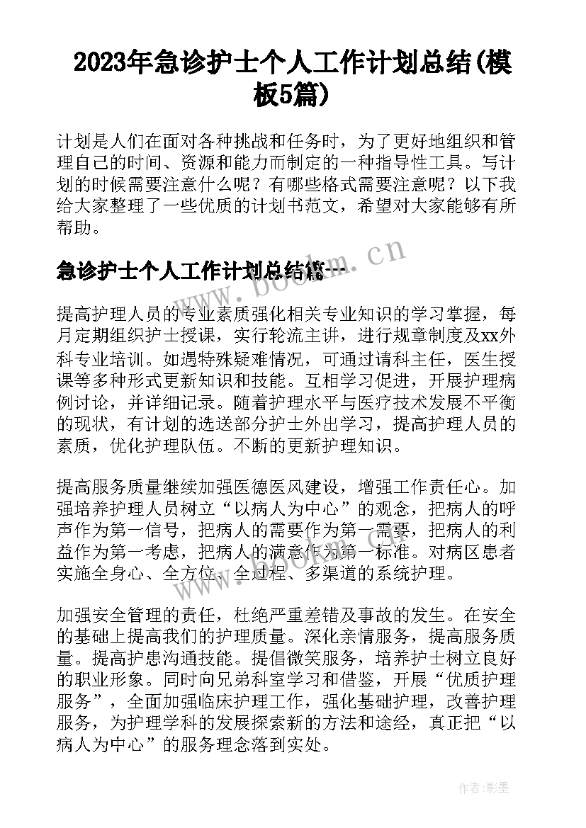 2023年急诊护士个人工作计划总结(模板5篇)