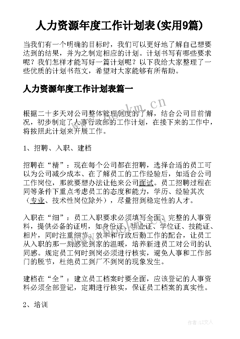 人力资源年度工作计划表(实用9篇)