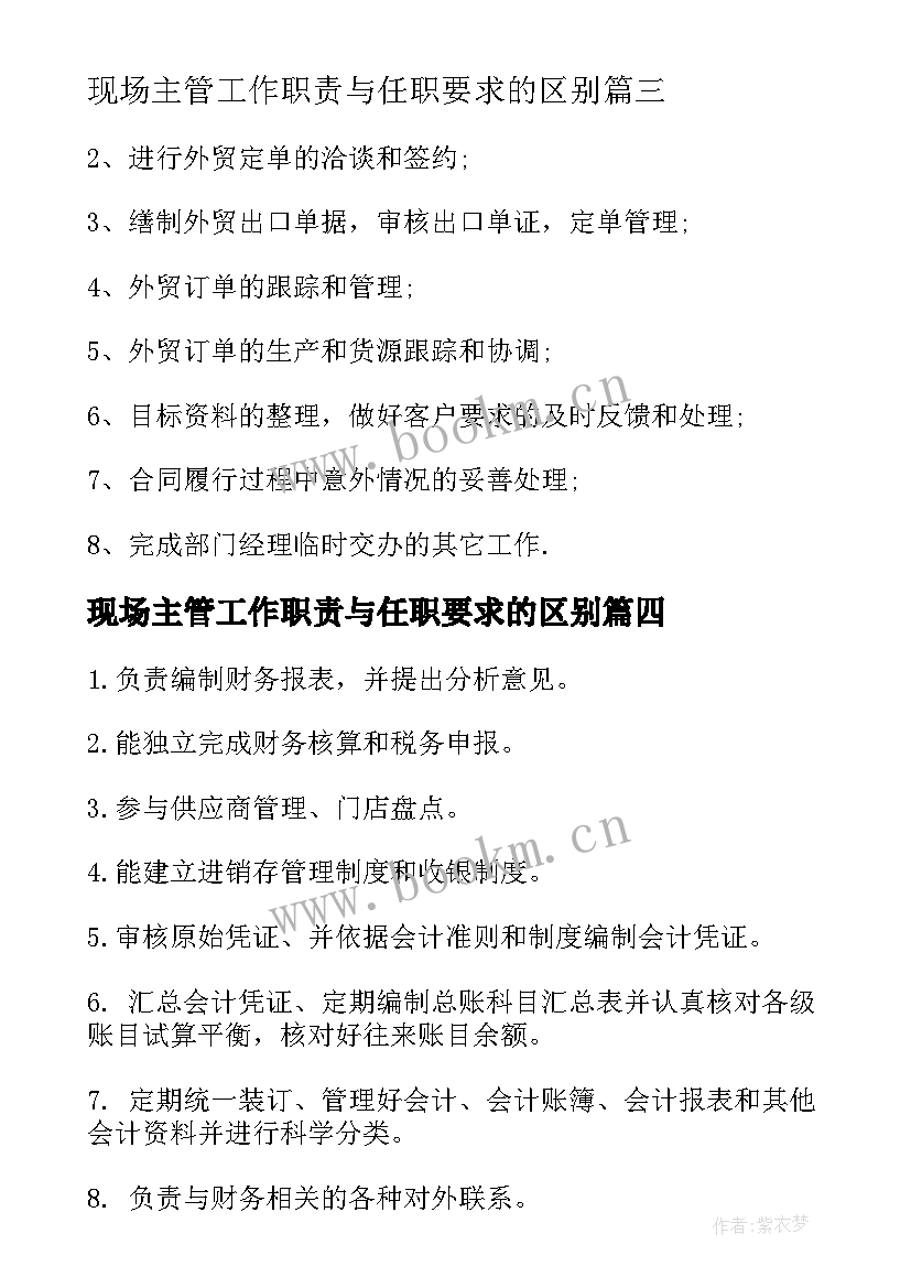 2023年现场主管工作职责与任职要求的区别(优秀6篇)