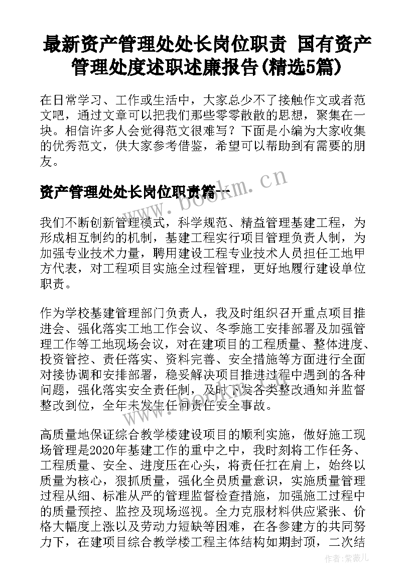 最新资产管理处处长岗位职责 国有资产管理处度述职述廉报告(精选5篇)