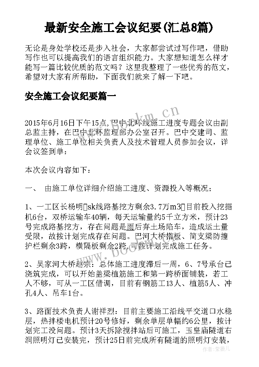 最新安全施工会议纪要(汇总8篇)