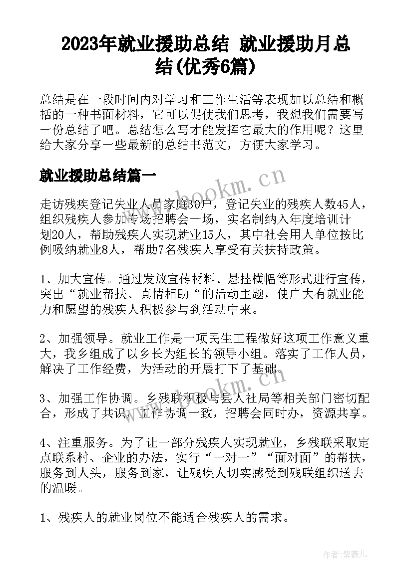 2023年就业援助总结 就业援助月总结(优秀6篇)