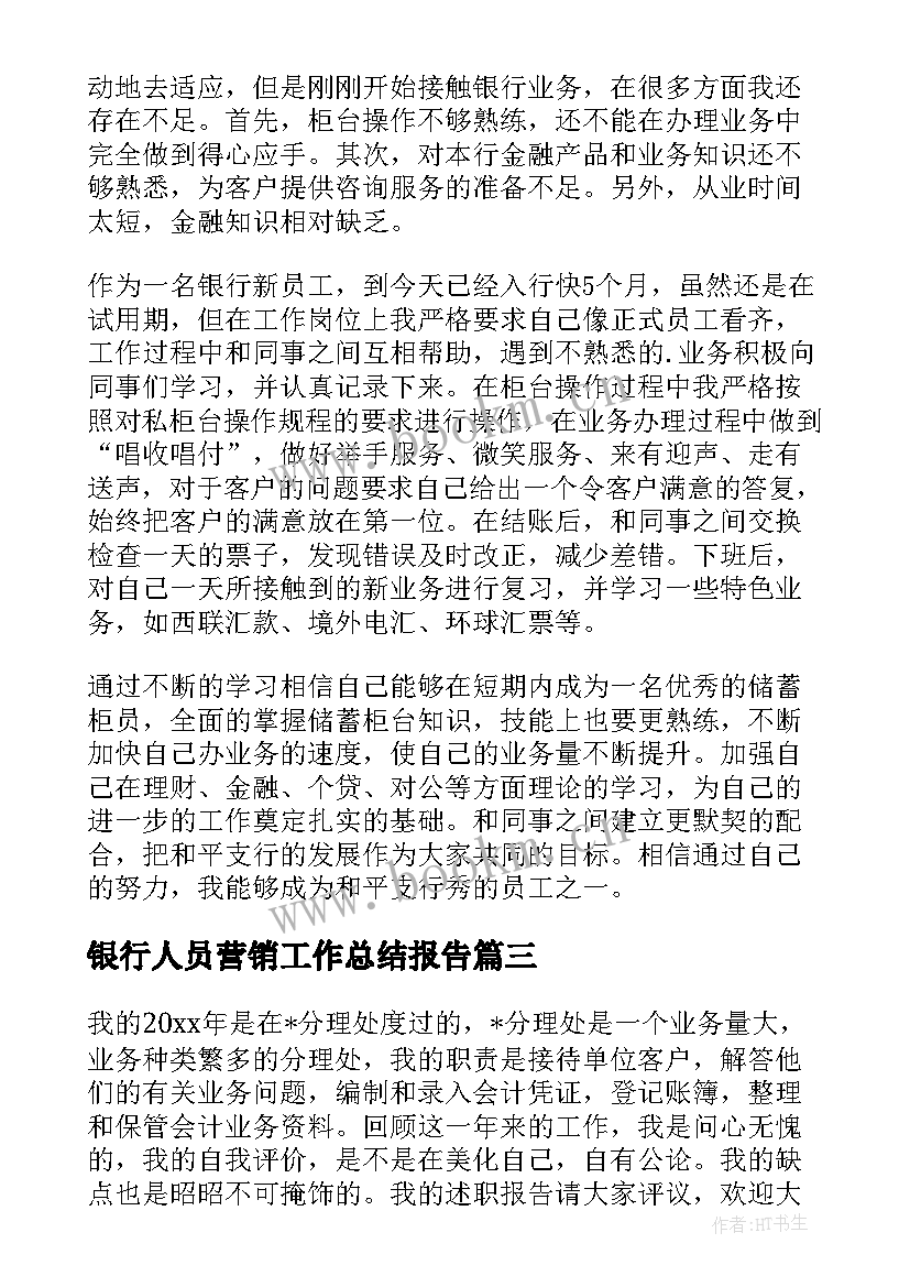 银行人员营销工作总结报告 银行人员营销工作总结(优质5篇)