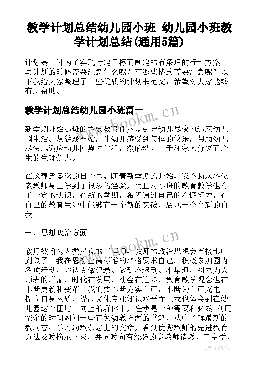 教学计划总结幼儿园小班 幼儿园小班教学计划总结(通用5篇)