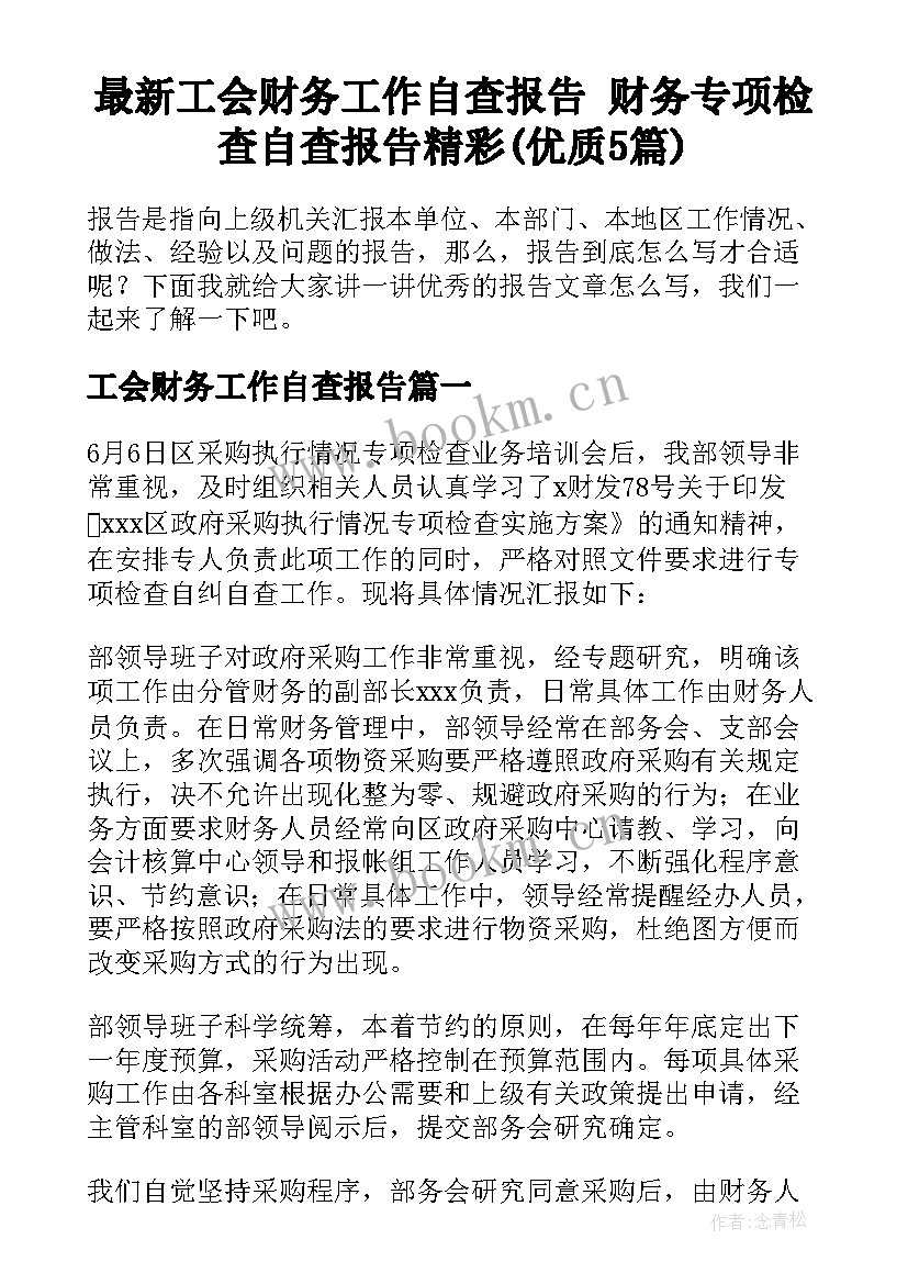 最新工会财务工作自查报告 财务专项检查自查报告精彩(优质5篇)