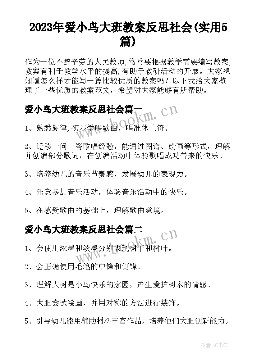 2023年爱小鸟大班教案反思社会(实用5篇)