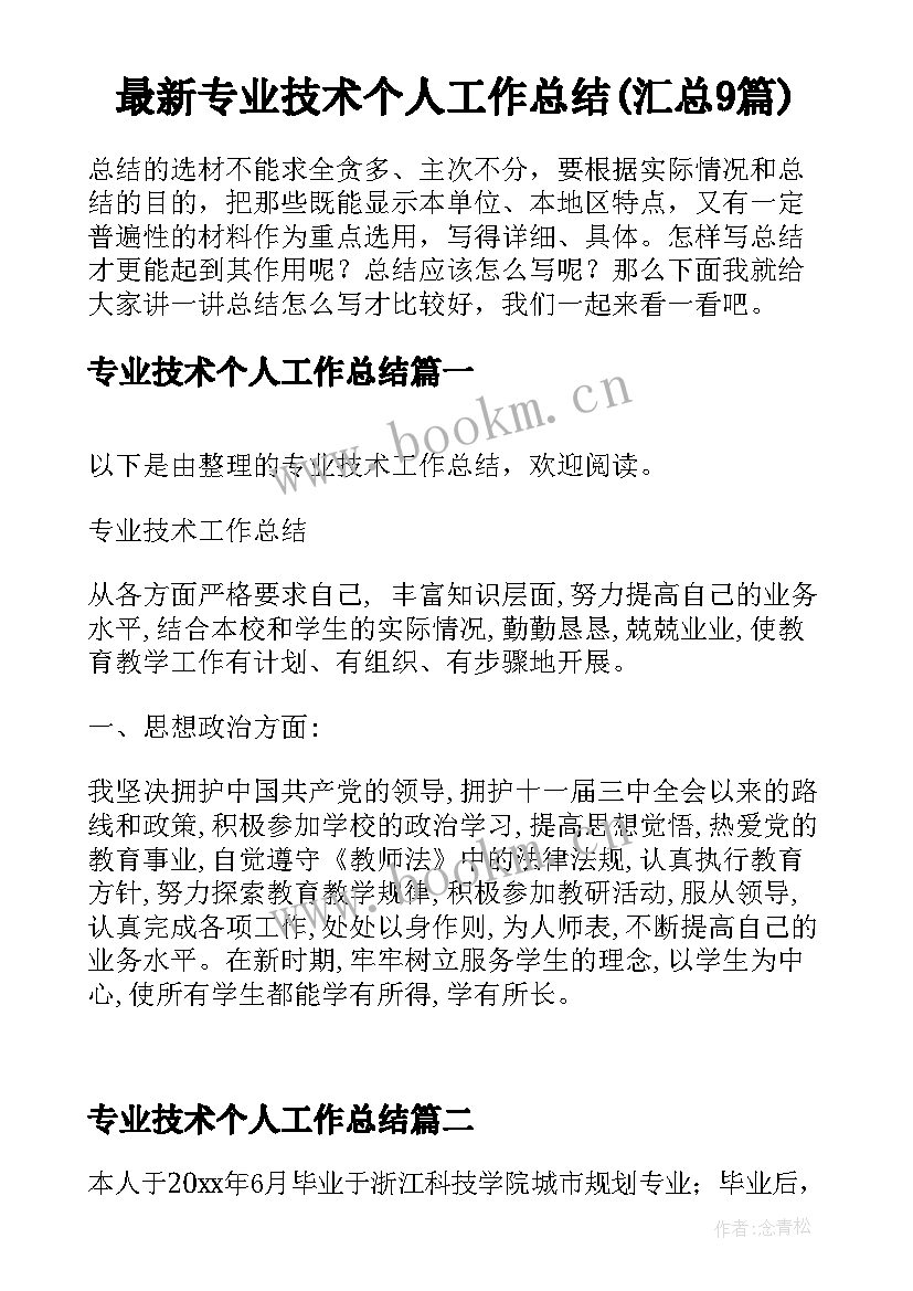 最新专业技术个人工作总结(汇总9篇)