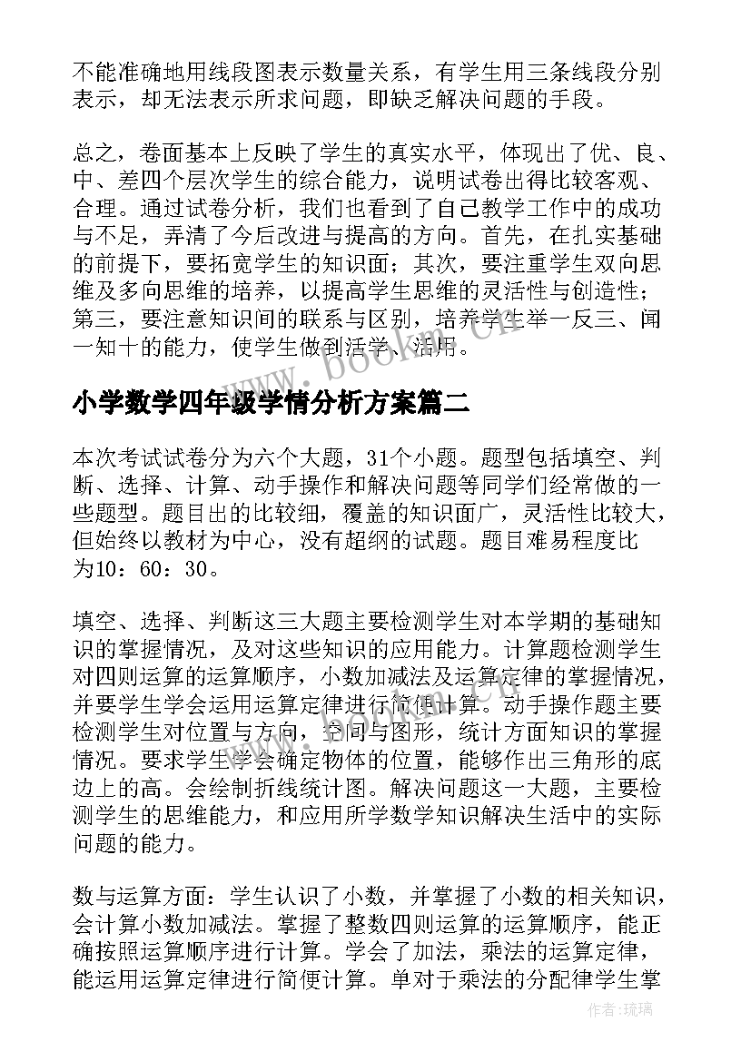 最新小学数学四年级学情分析方案 小学四年级的数学试卷分析(精选5篇)