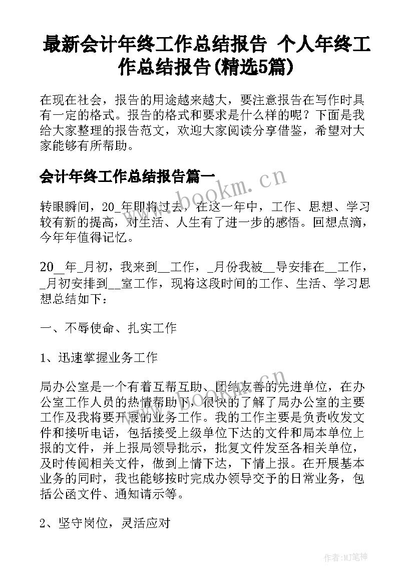 最新会计年终工作总结报告 个人年终工作总结报告(精选5篇)