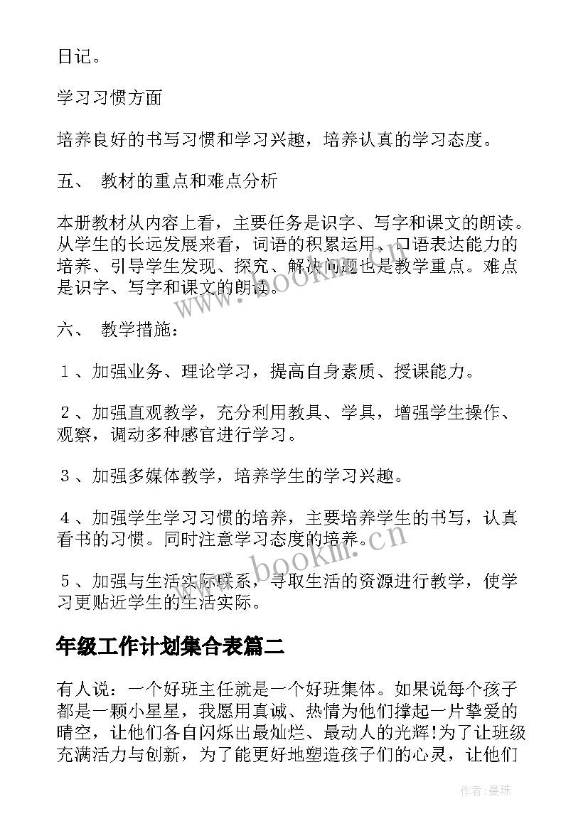 年级工作计划集合表(优质5篇)