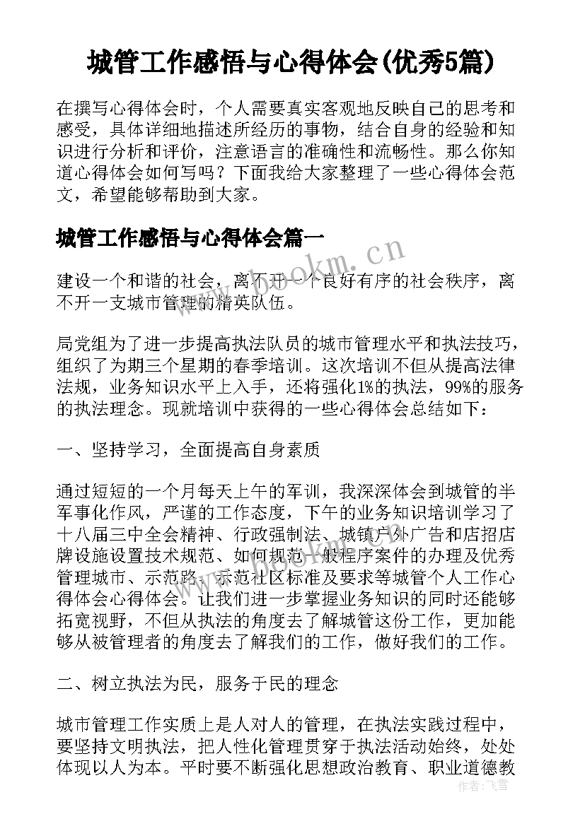 城管工作感悟与心得体会(优秀5篇)