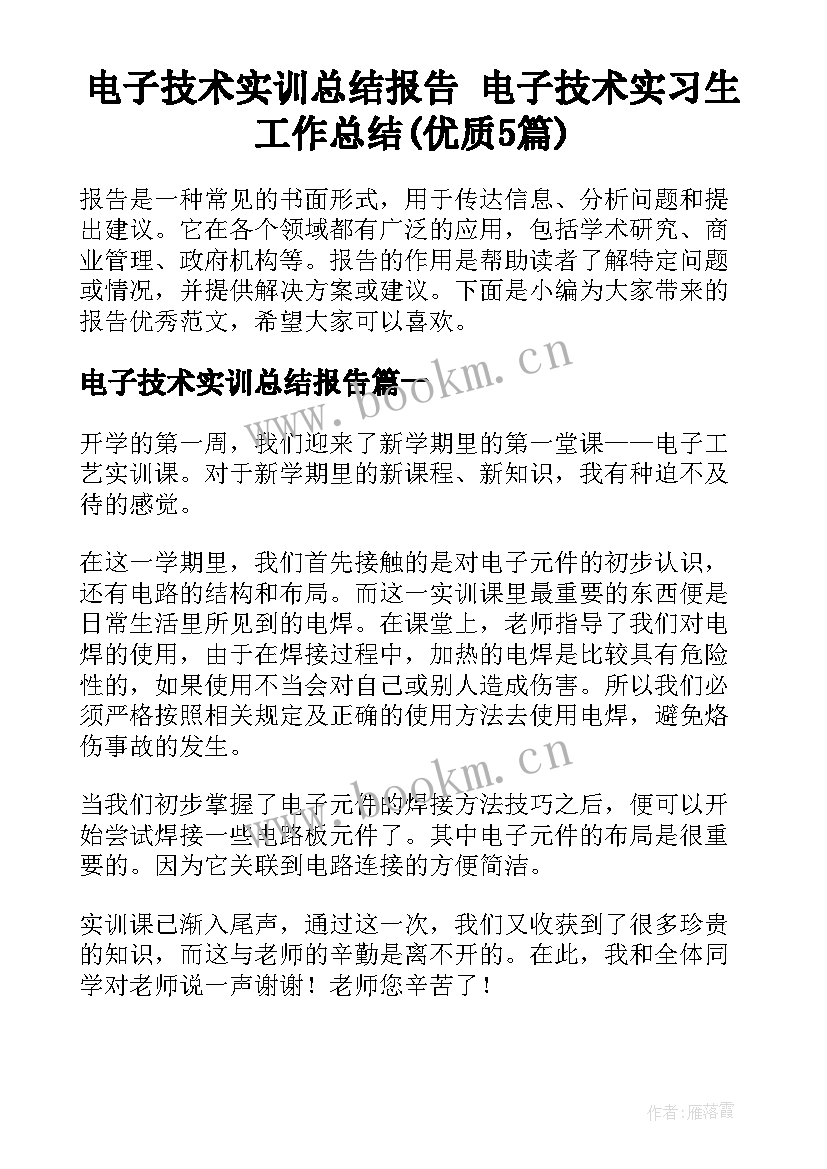 电子技术实训总结报告 电子技术实习生工作总结(优质5篇)