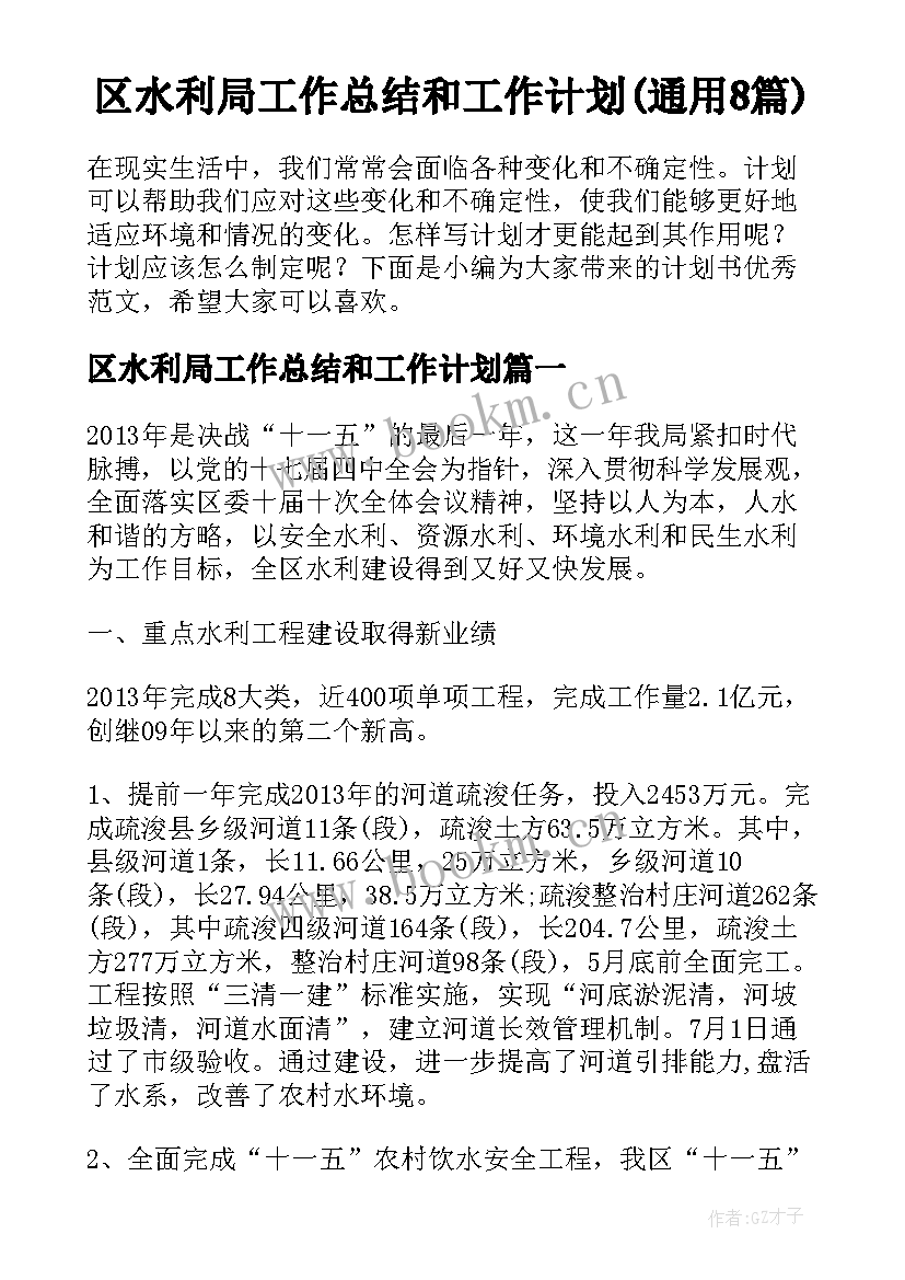 区水利局工作总结和工作计划(通用8篇)