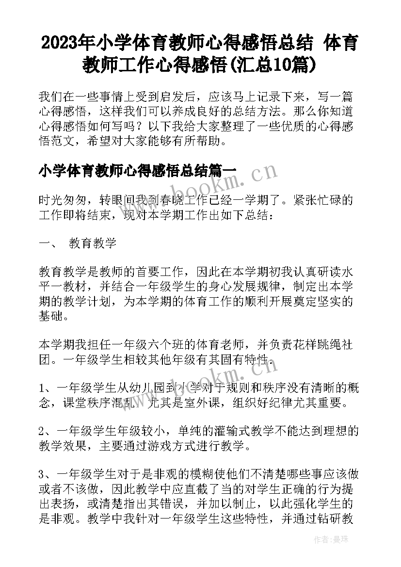 2023年小学体育教师心得感悟总结 体育教师工作心得感悟(汇总10篇)