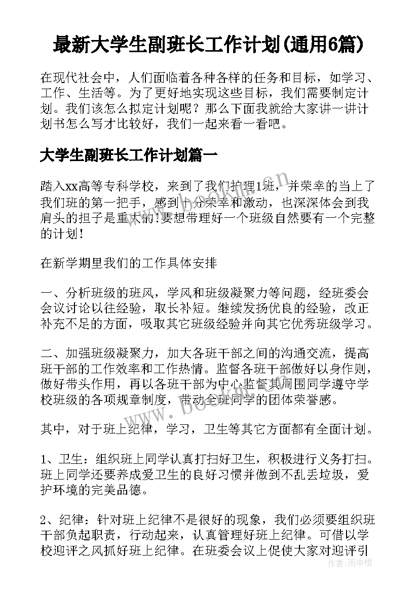 最新大学生副班长工作计划(通用6篇)