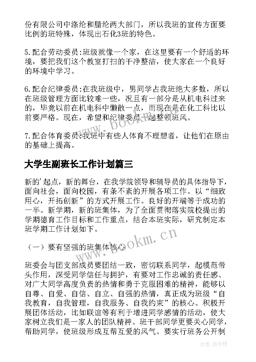 最新大学生副班长工作计划(通用6篇)