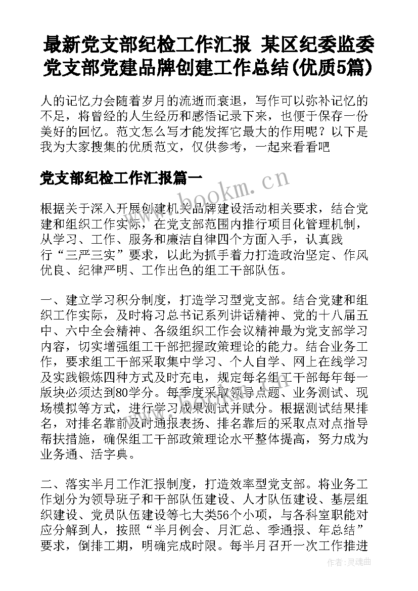 最新党支部纪检工作汇报 某区纪委监委党支部党建品牌创建工作总结(优质5篇)