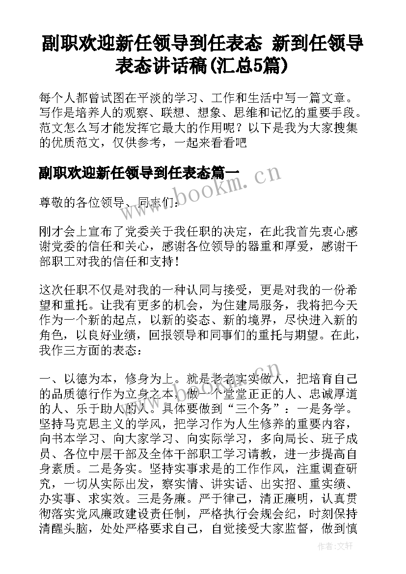 副职欢迎新任领导到任表态 新到任领导表态讲话稿(汇总5篇)