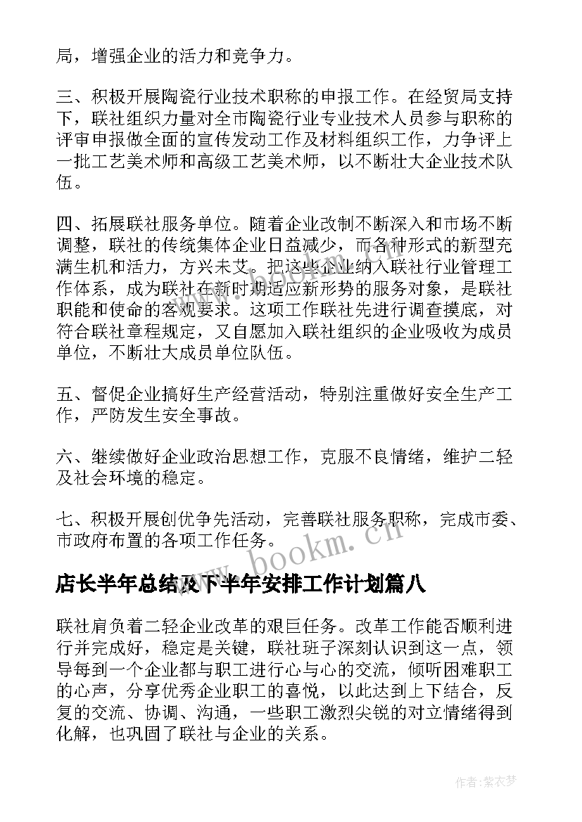 店长半年总结及下半年安排工作计划(优质9篇)