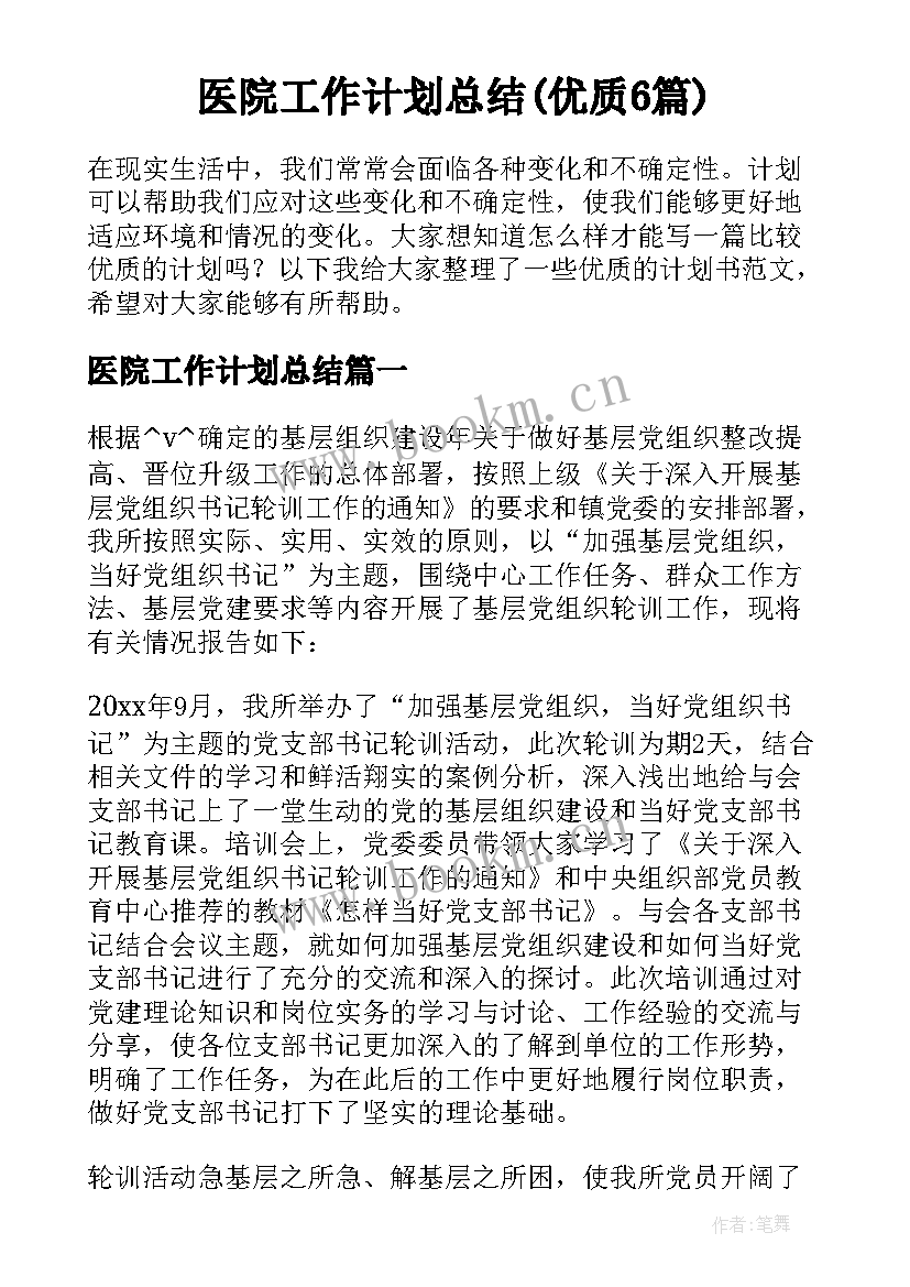 医院工作计划总结(优质6篇)