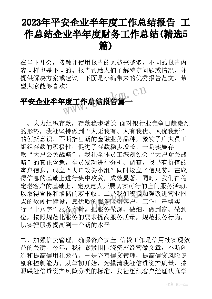 2023年平安企业半年度工作总结报告 工作总结企业半年度财务工作总结(精选5篇)