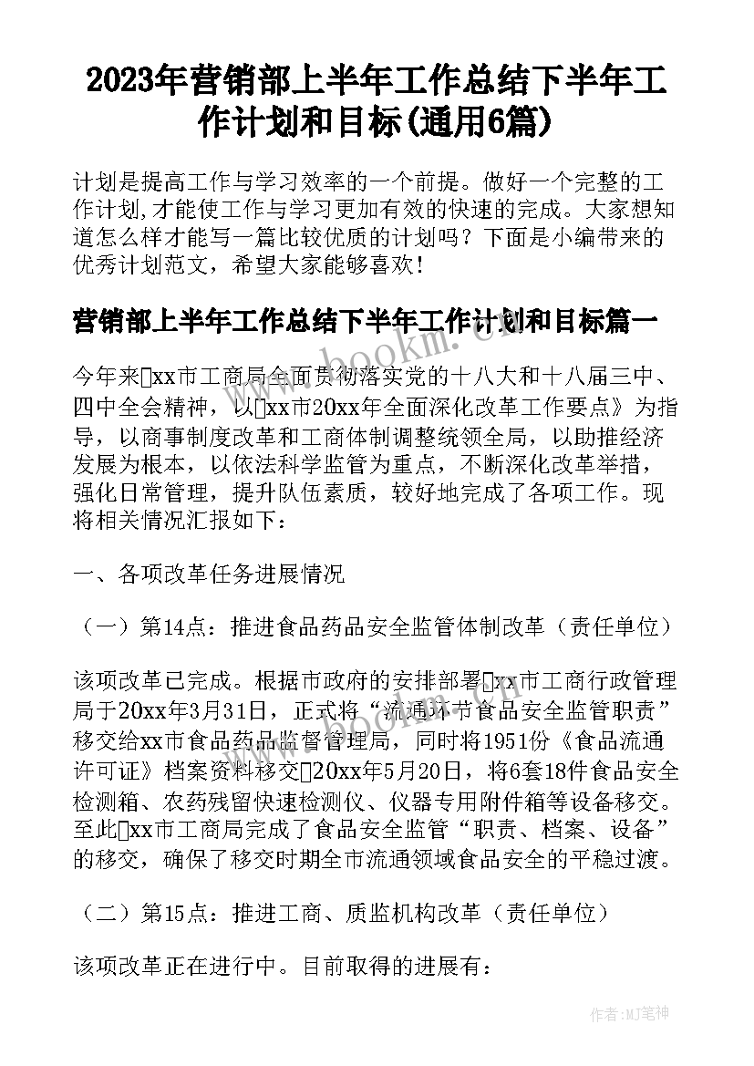 2023年营销部上半年工作总结下半年工作计划和目标(通用6篇)