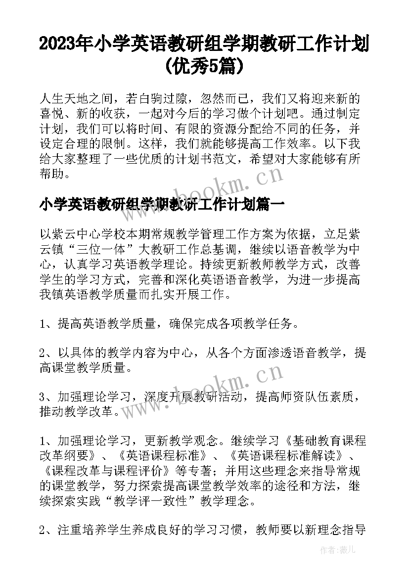 2023年小学英语教研组学期教研工作计划(优秀5篇)