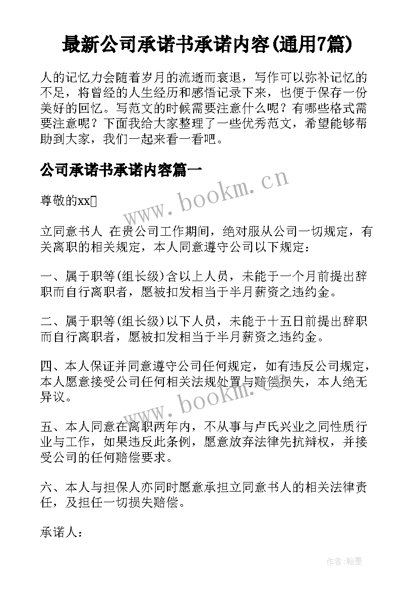 最新公司承诺书承诺内容(通用7篇)