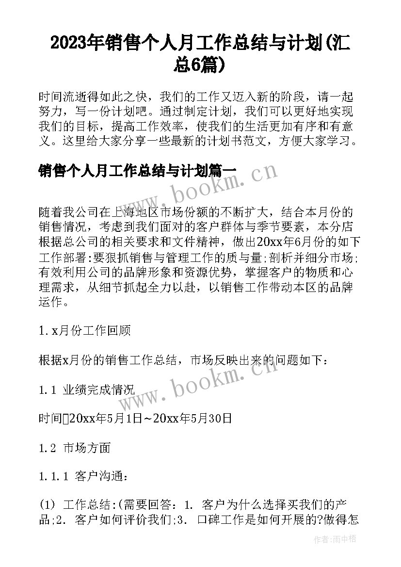 2023年销售个人月工作总结与计划(汇总6篇)