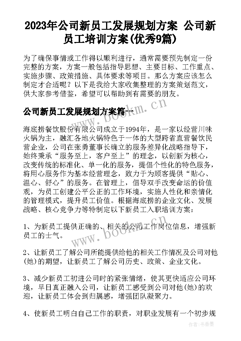 2023年公司新员工发展规划方案 公司新员工培训方案(优秀9篇)