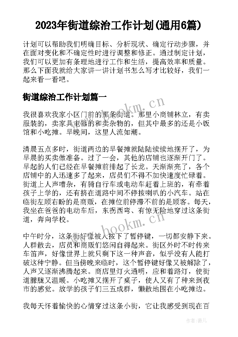 2023年街道综治工作计划(通用6篇)