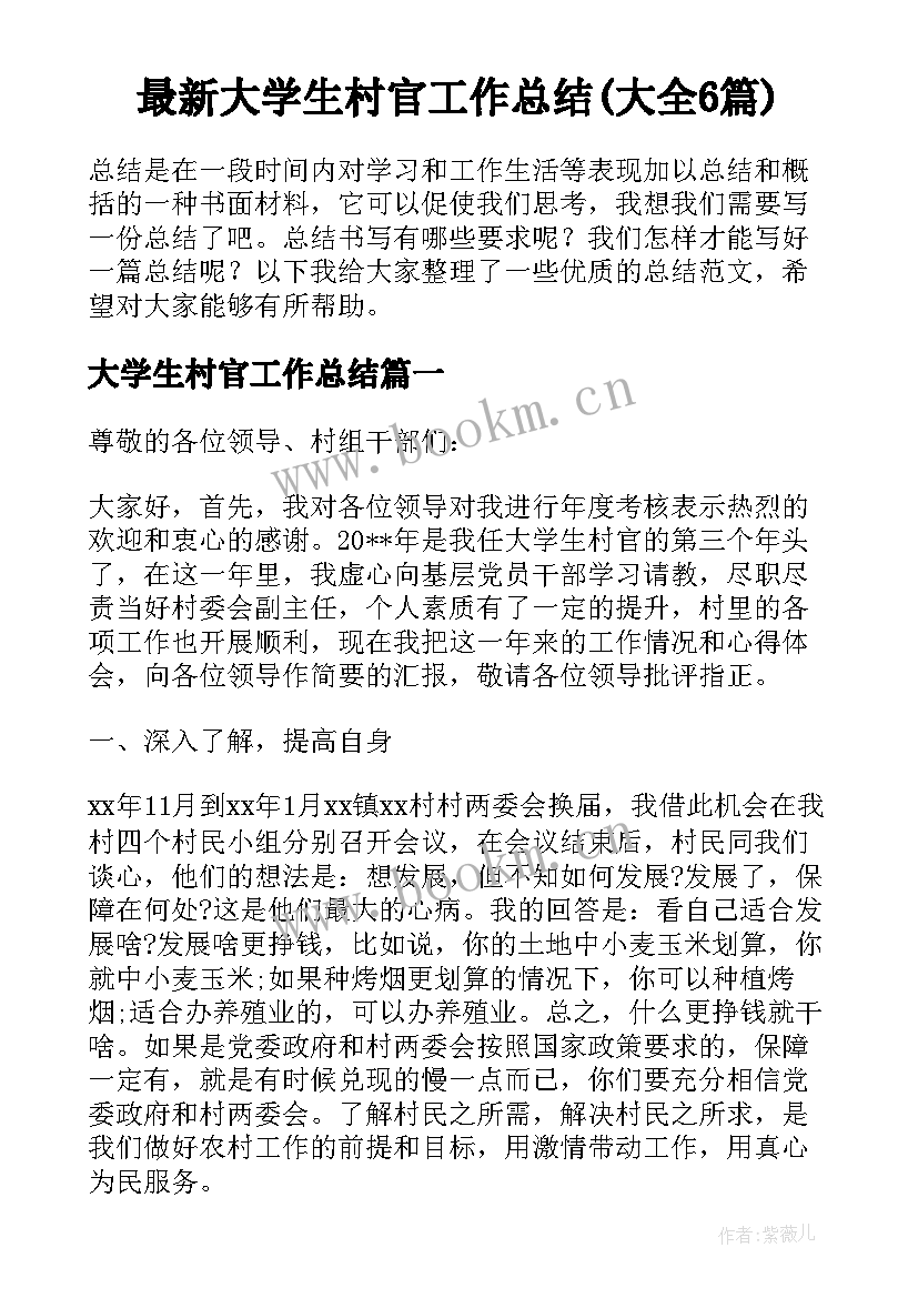 最新大学生村官工作总结(大全6篇)